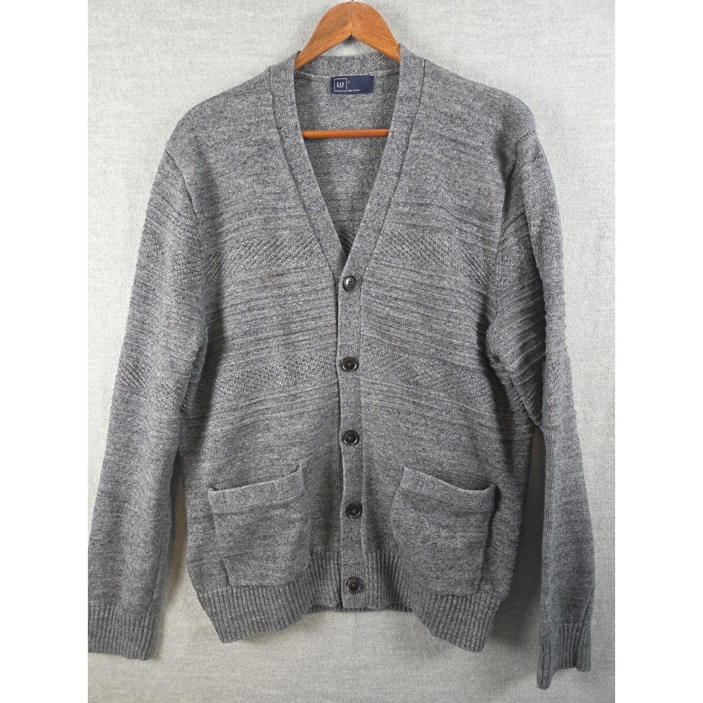 GAP‎ Cardigan Sweater Men's L Gray Heather Textured Dad Grandpa Academia Preppy